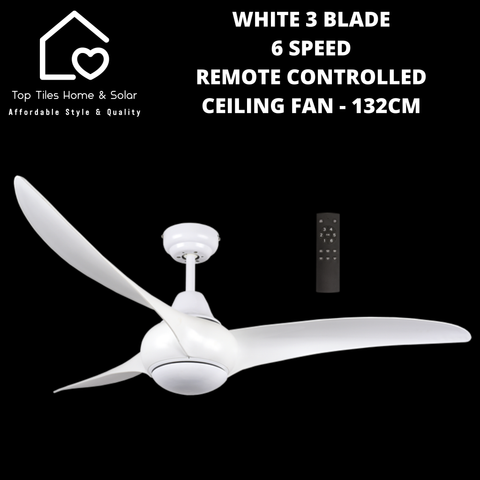 White 3 Blade 6 Speed Remote Controlled Ceiling Fan - 132cm