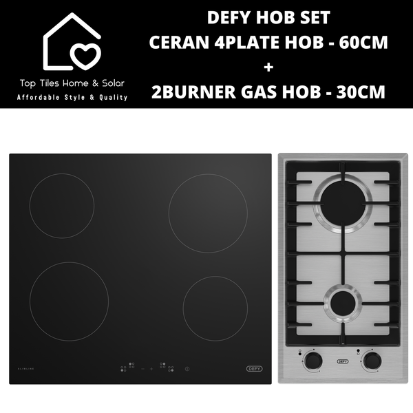 Defy Hob Set - Ceran 4Plate Hob - 60cm + 2Burner Gas Hob - 30cm