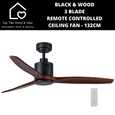 Black & Wood 3 Blade Remote Controlled Ceiling Fan - 132cm