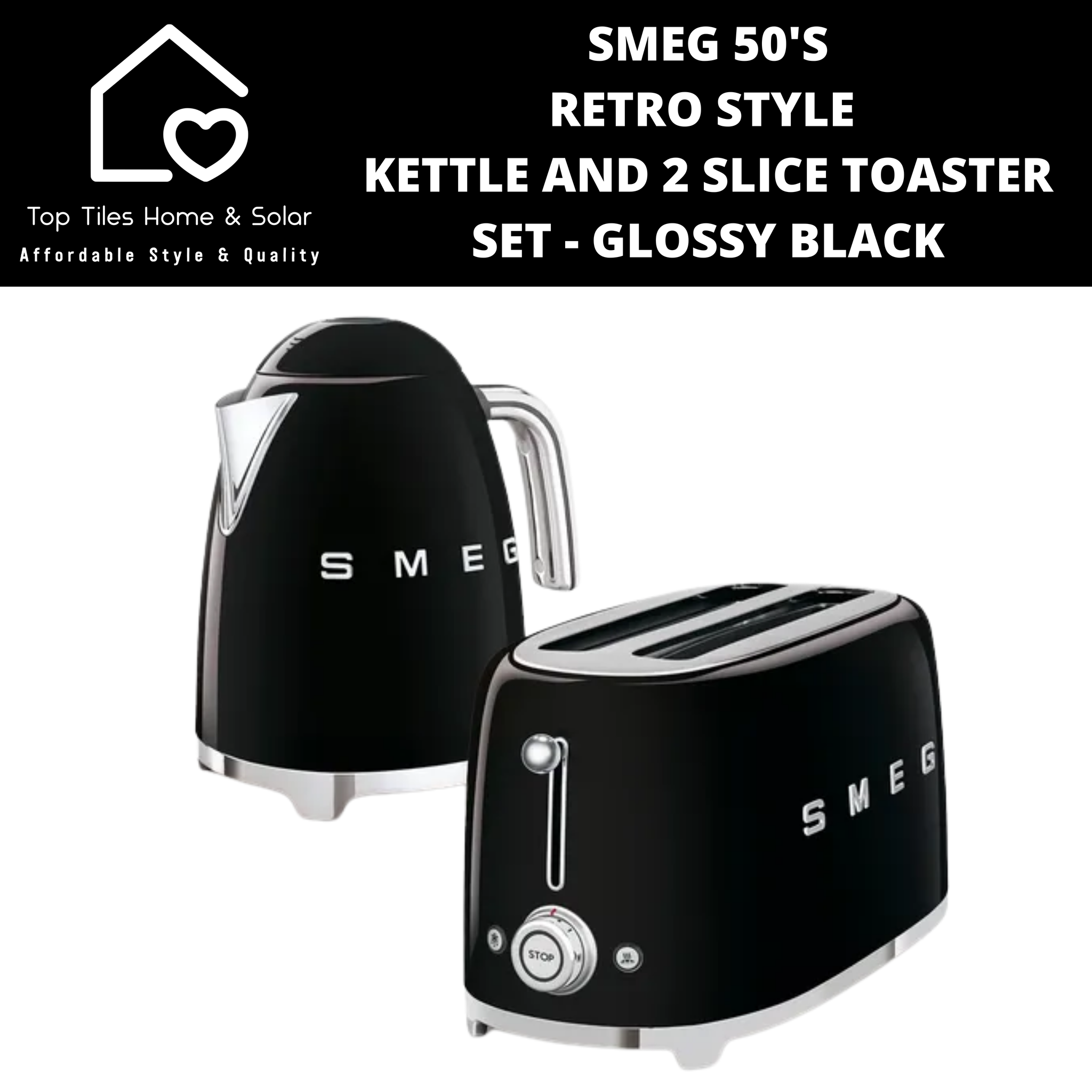 Smeg 50's Retro Style Kettle and 2 Slice Toaster Set - Glossy Black