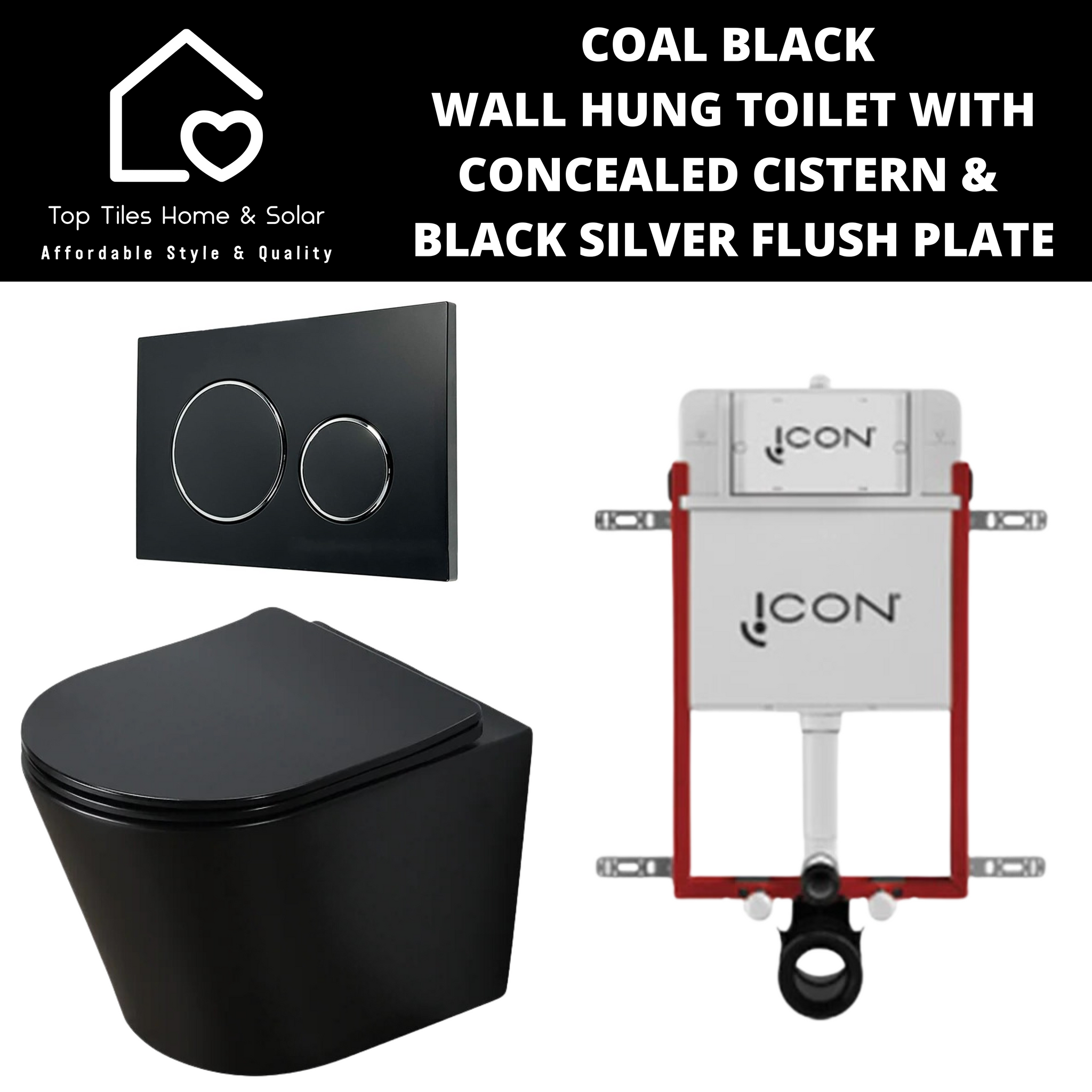 Coal Black Wall Hung Toilet with Icon Cistern & Black Silver Flush Plate