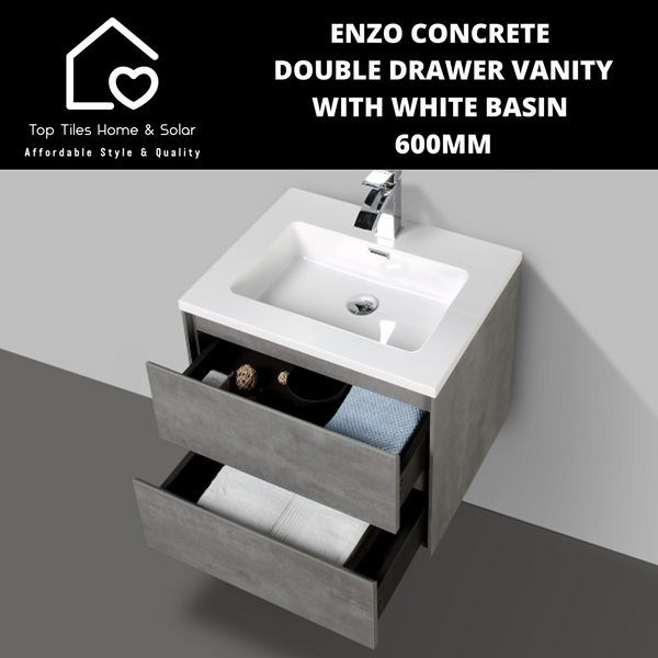 Enzo Concrete Double Drawer Vanity With White Basin - 600mm