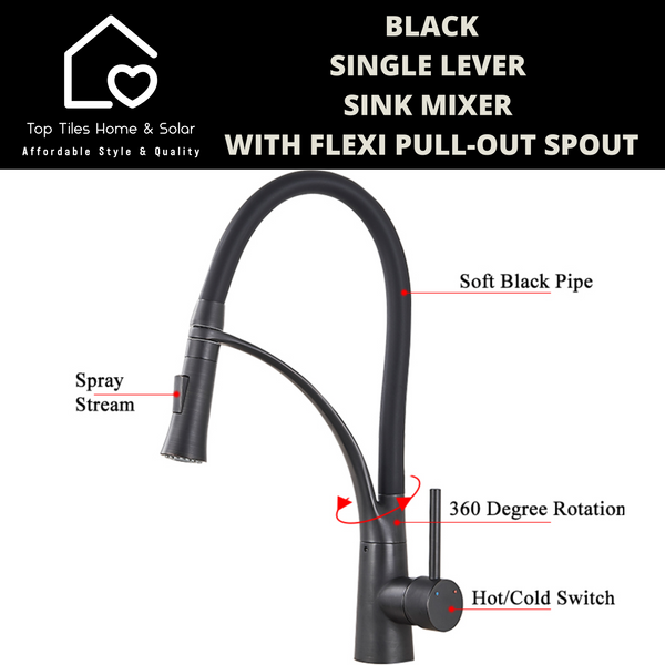 Black Single Lever Sink Mixer With Flexi Pull-Out Spout