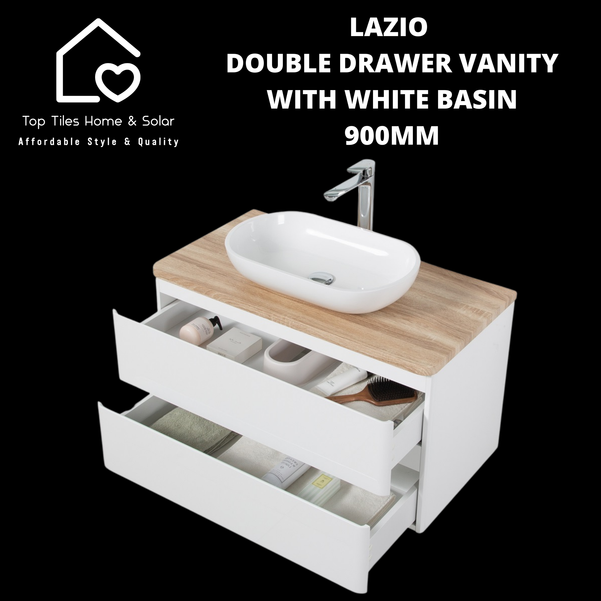 Lazio Double Drawer Vanity With White Basin - 900mm