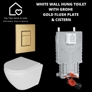 White Wall Hung Toilet With Grohe Gold Flush Plate & Cistern