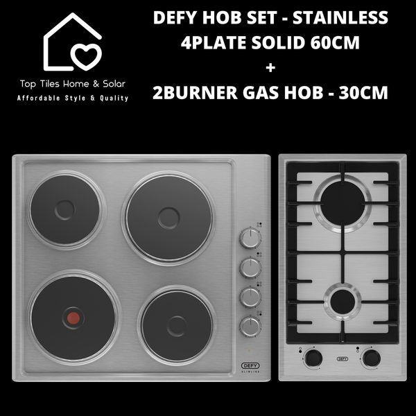 Defy Hob Set - Stainless Steel 4Plate Solid 60cm + 2Burner Gas Hob - 30cm