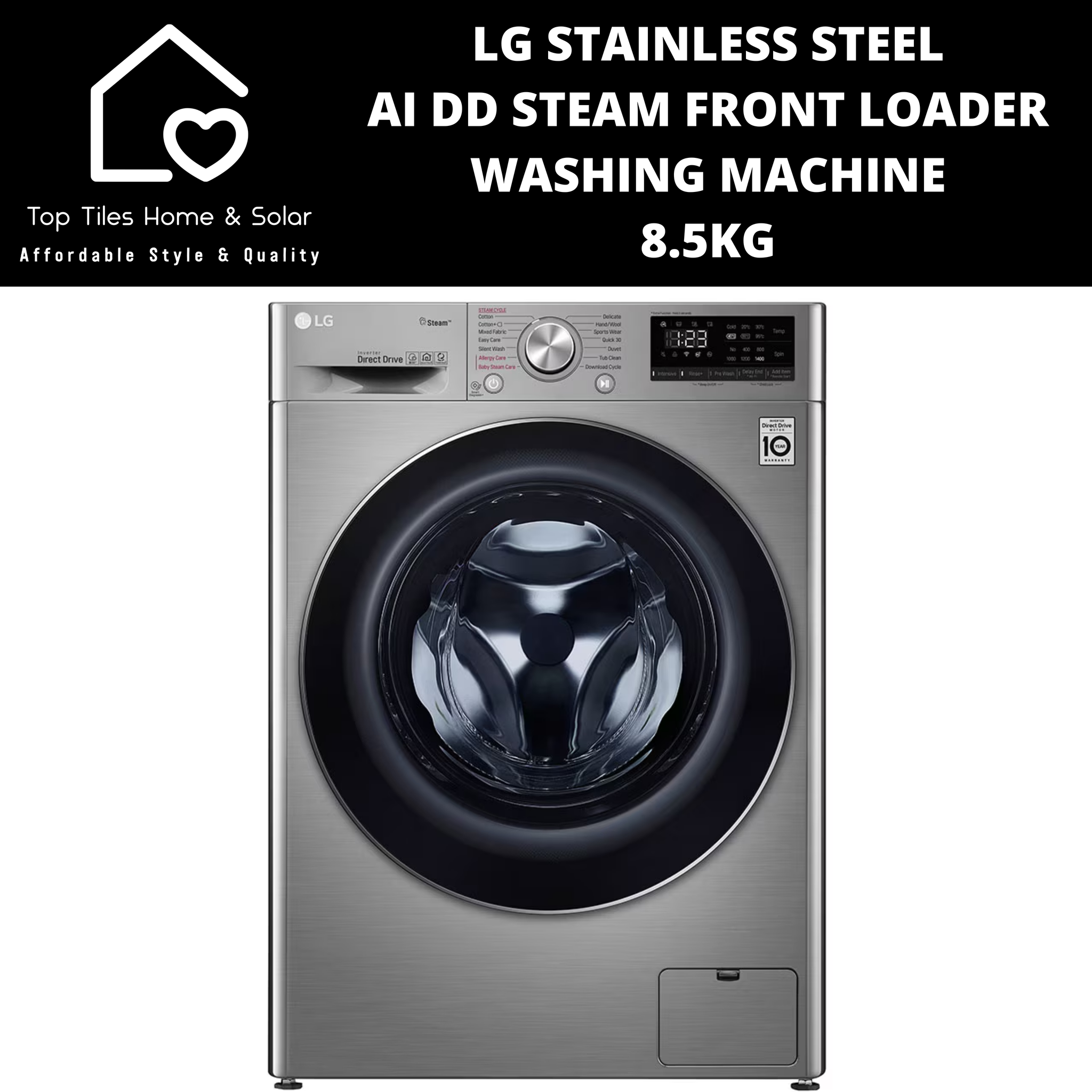 LG Stainless Steel AI DD Steam Front Loader Washing Machine - 8.5kg