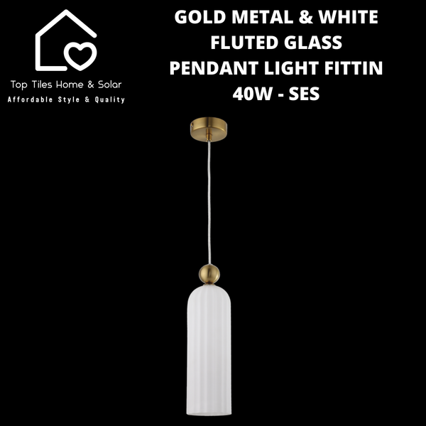 Gold Metal & White Fluted Glass Pendant Light Fitting - 40 SES