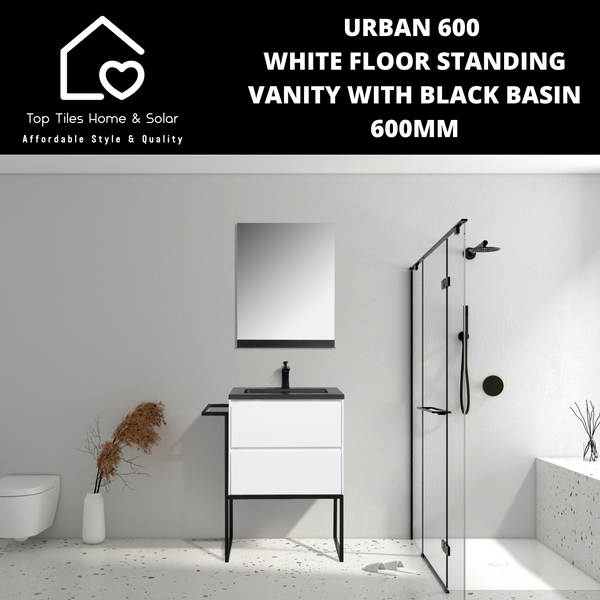 Urban 600 White Floor Standing Vanity With Black Basin -  600mm