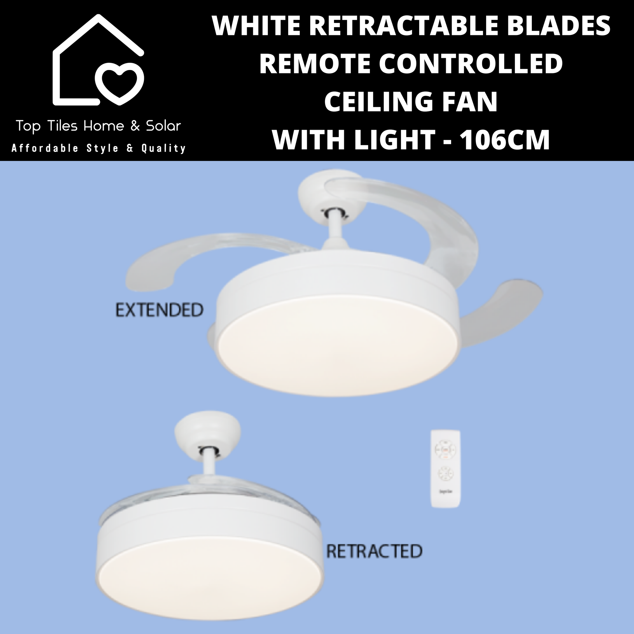 White Retractable Blades Remote Controlled Ceiling Fan with Light - 106cm