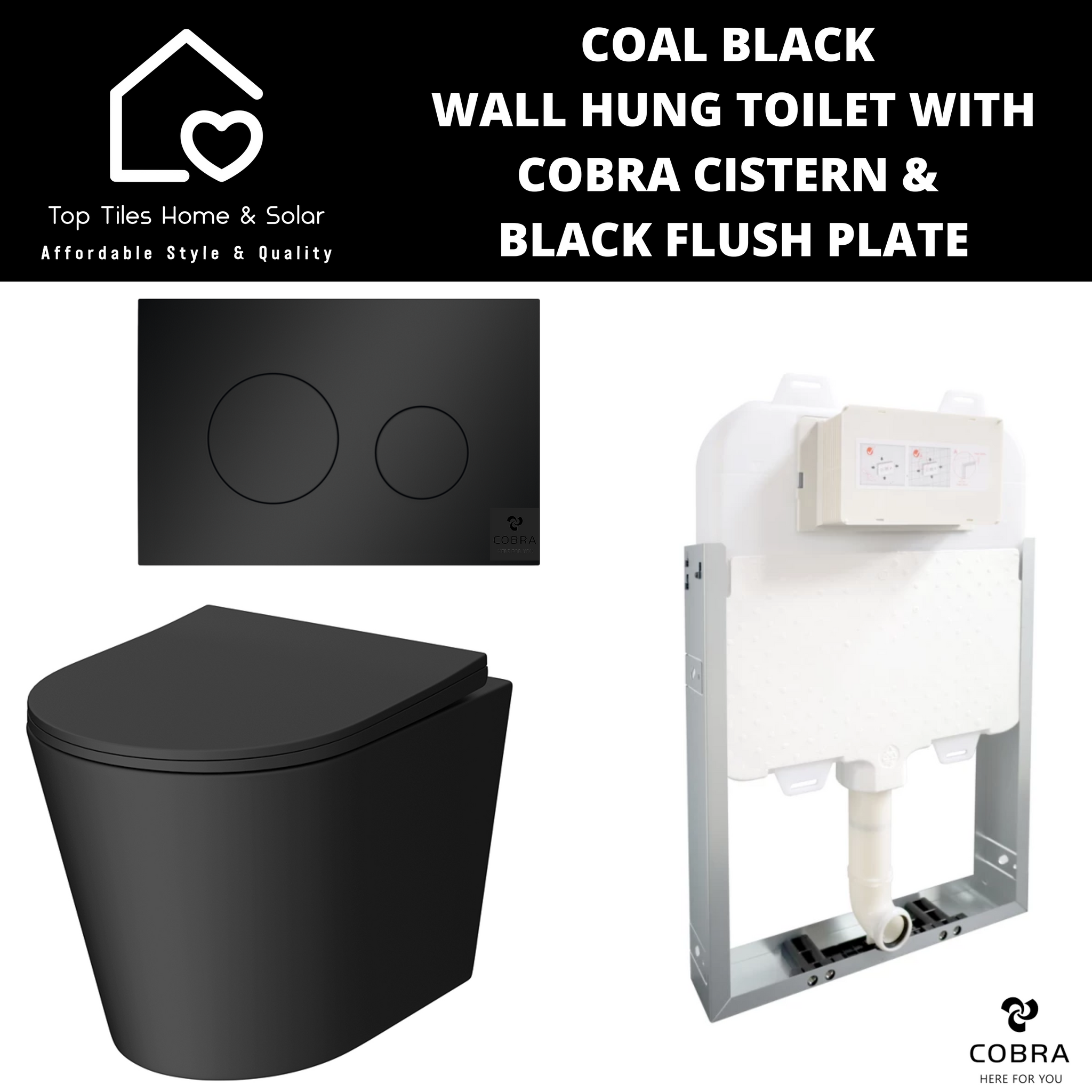 Coal Black Wall Hung Toilet with Cobra Cistern & Black Flush Plate