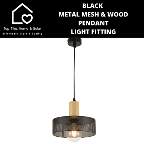 Black Metal Mesh & Wood Pendant Light Fitting