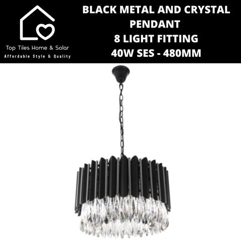 Black Metal and Crystal Pendant 8 Light Fitting - 40W SES - 480mm