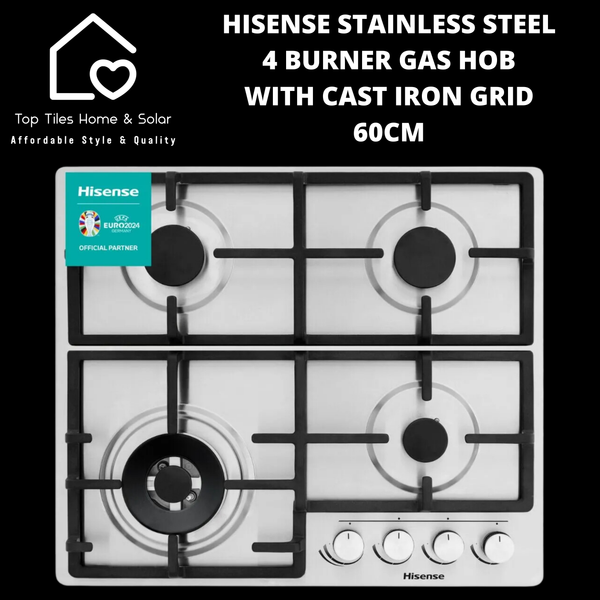 Hisense Stainless Steel 4 Burner Gas Hob with Cast Iron Grid - 60cm