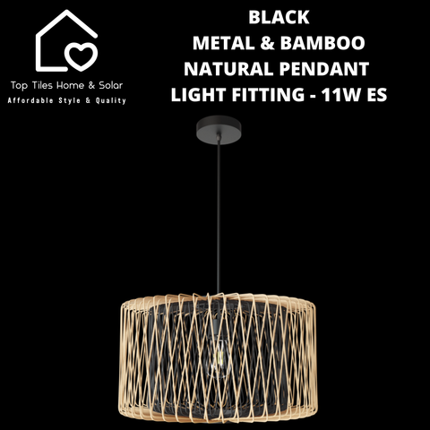 Black Metal & Bamboo Natural Pendant Light Fitting - 11W ES