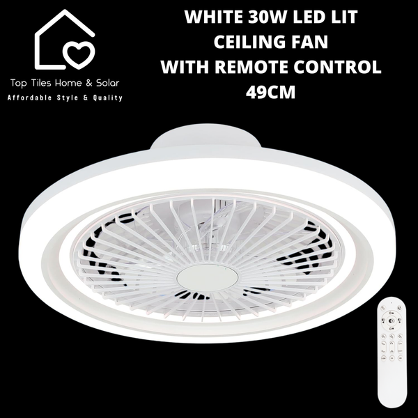 White 30W LED Lit Ceiling Fan with Remote Control - 49cm