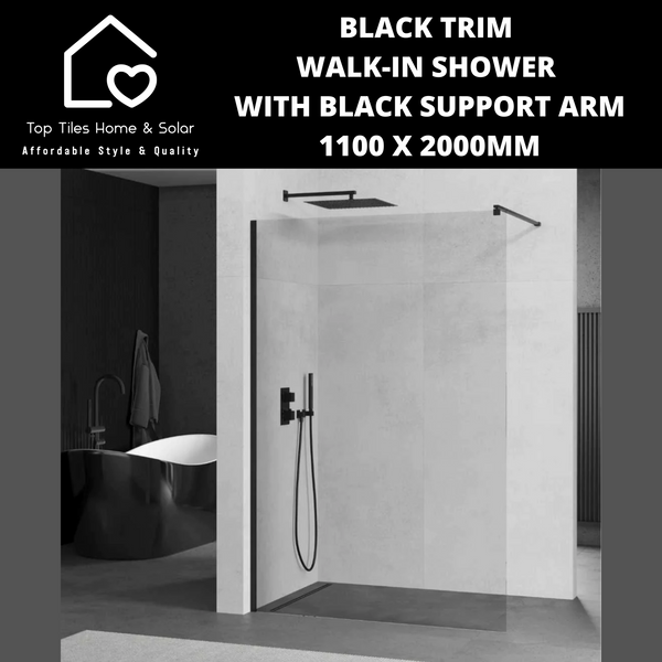 Black Trim Walk-in Shower with Black Support Arm - 1100 x 2000mm