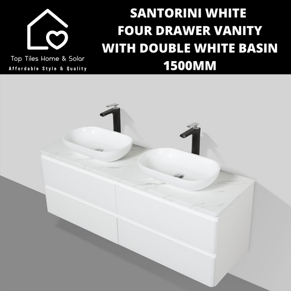 Santorini White Four Drawer Vanity With Double White Basin - 1500mm