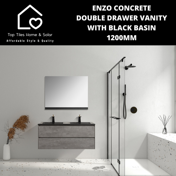 Enzo Concrete Double Drawer Vanity With Black Basin - 1200mm