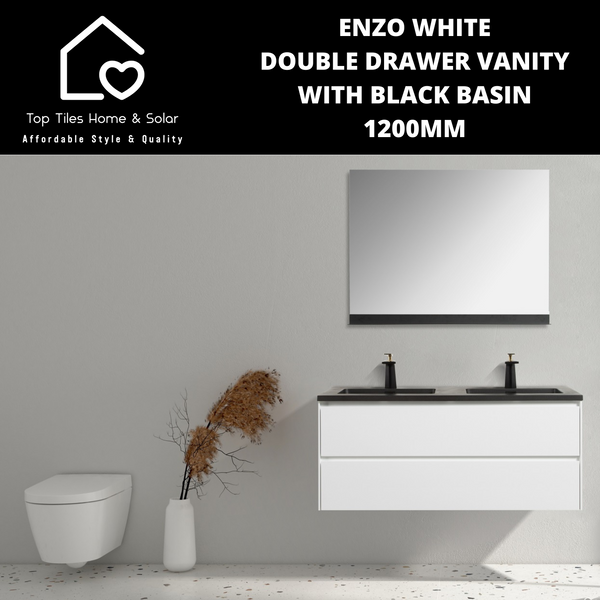 Enzo White Double Drawer Vanity With Black Basin - 1200mm