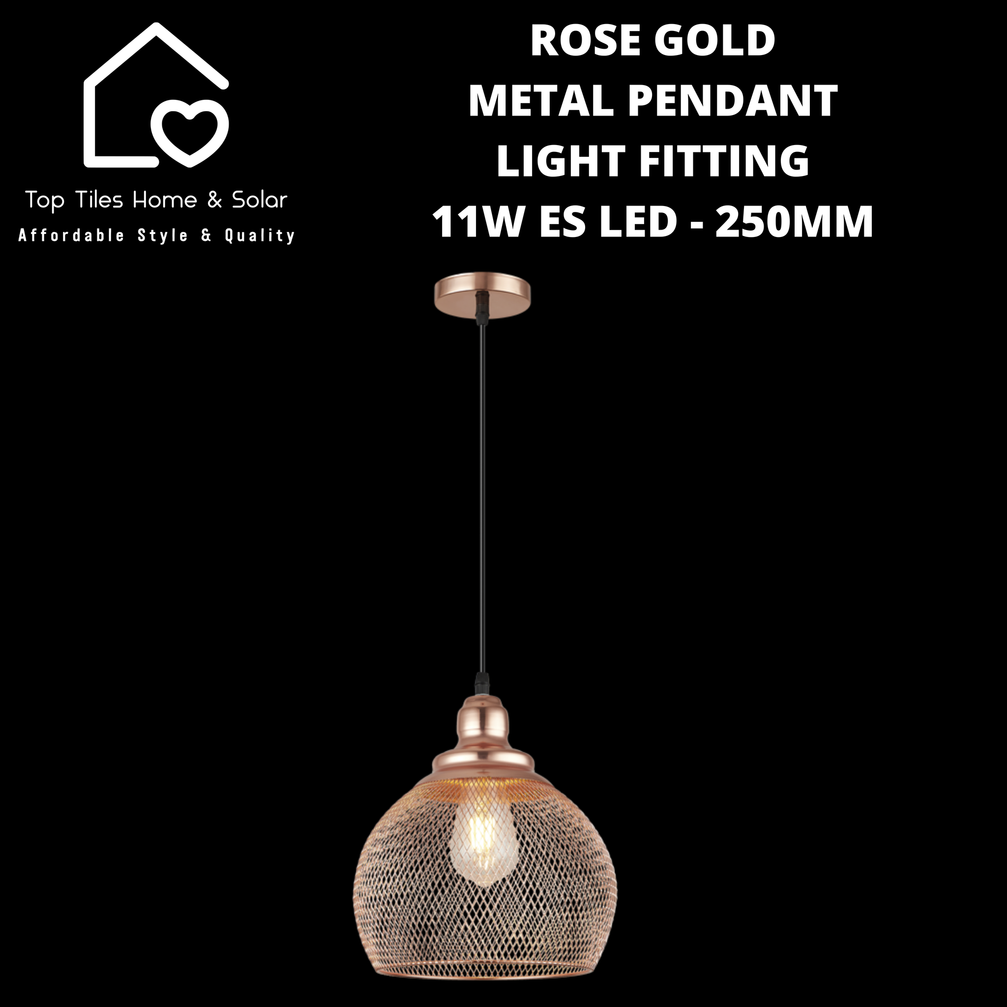 Rose Gold Metal Pendant Light Fitting - 11W ES LED - 250mm