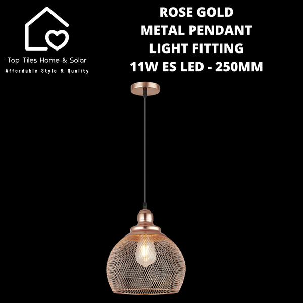 Rose Gold Metal Pendant Light Fitting - 11W ES LED - 250mm