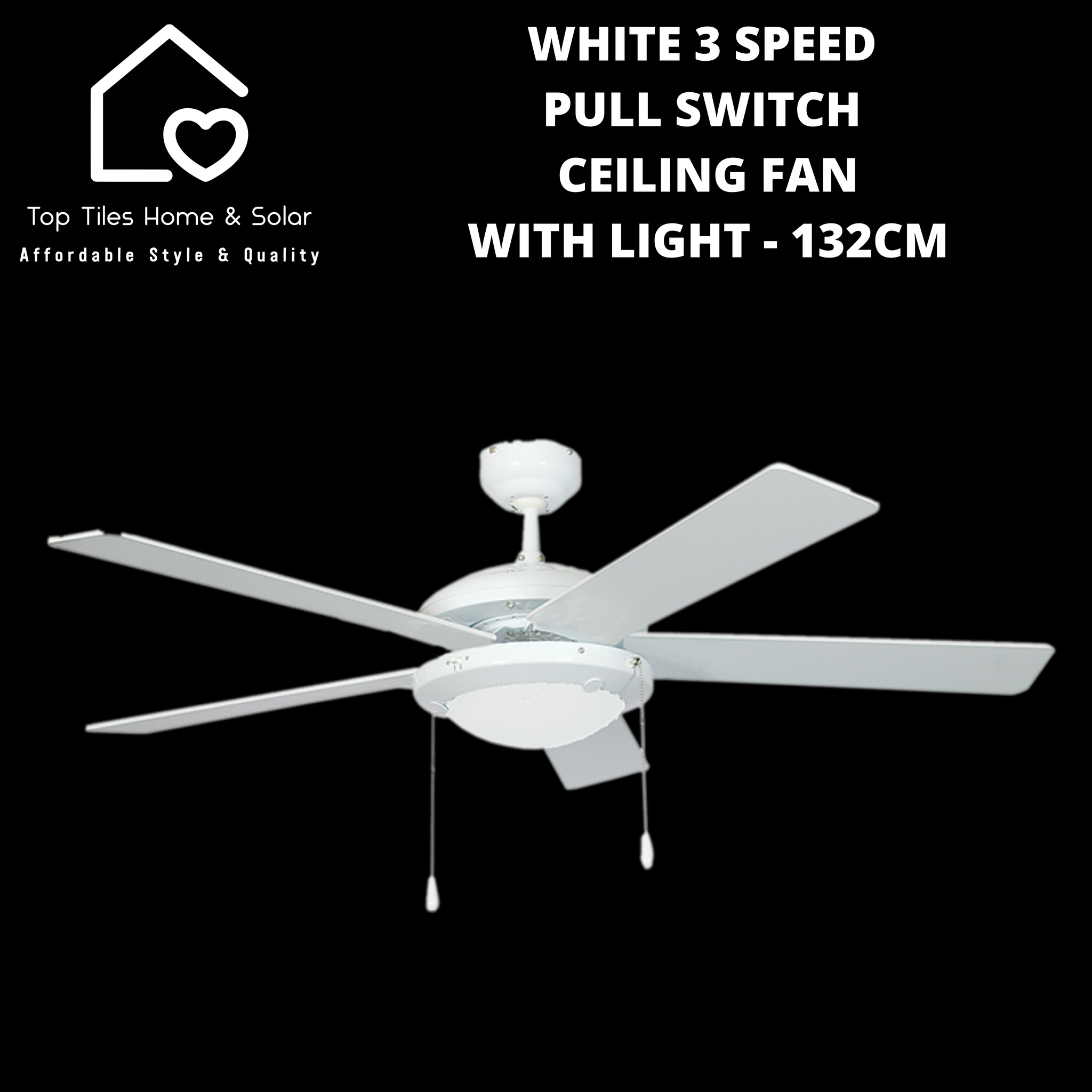 White 3 Speed Pull Switch Ceiling Fan with Light - 132cm