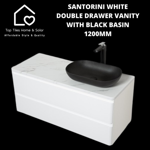 Santorini White Double Drawer Vanity With Black Basin - 1200mm