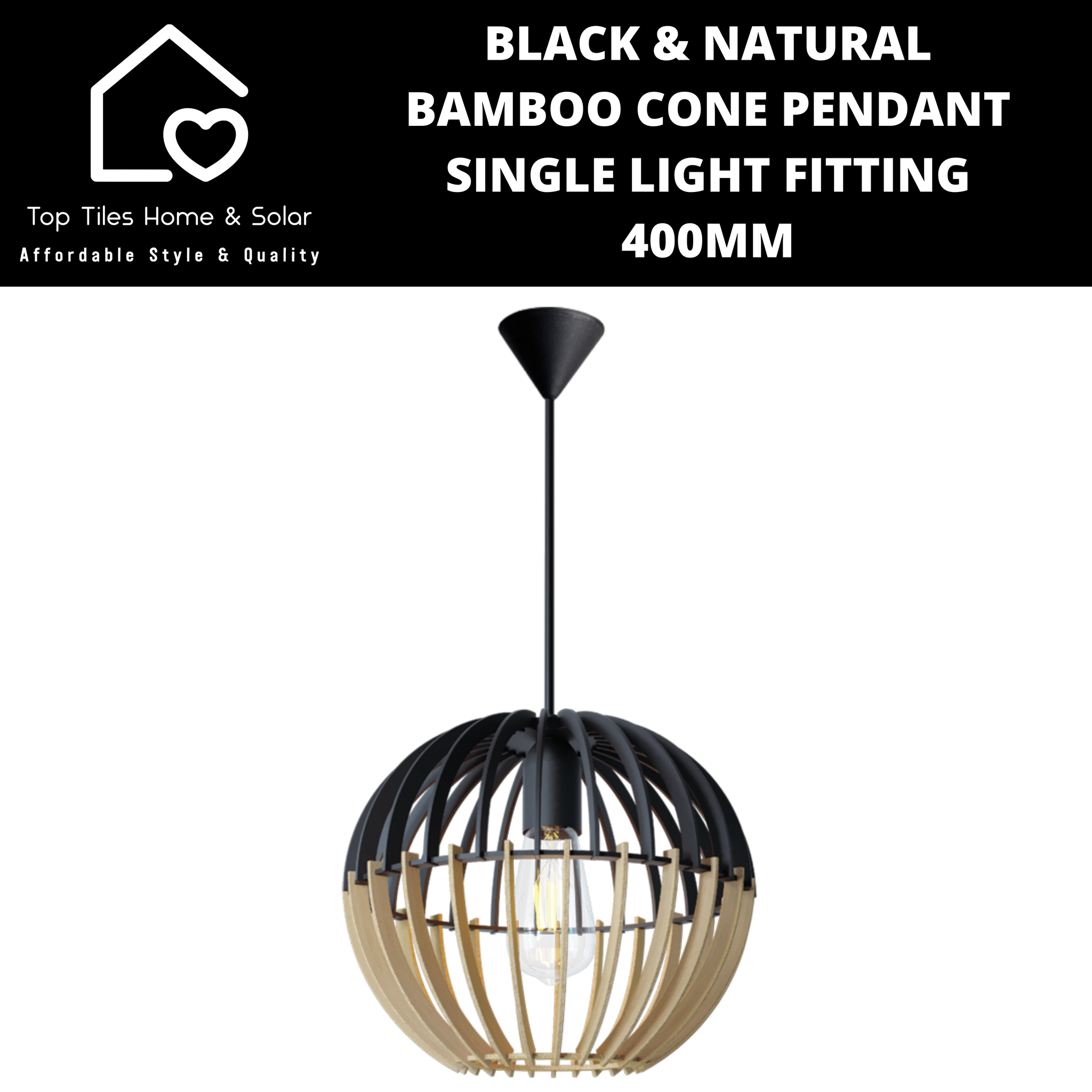 Black & Natural Bamboo Round Pendant Single Light Fitting - 300mm