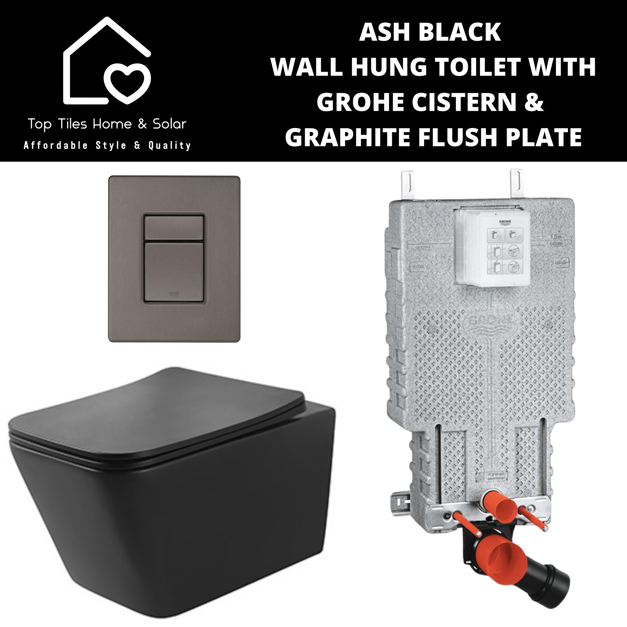 Ash Black Wall Hung Toilet with Grohe Cistern & Graphite Flush Plate