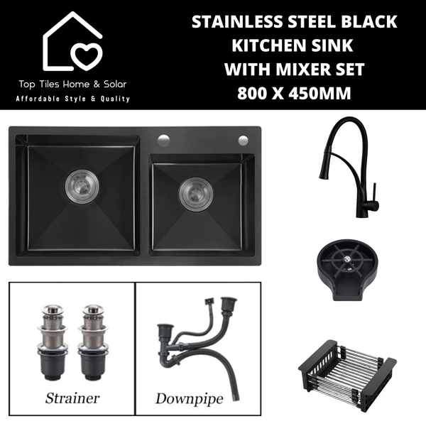 Stainless Steel Black Kitchen Sink with Mixer Set - 800 x 450mm