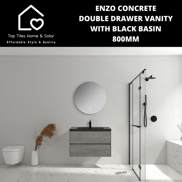 Enzo Concrete Double Drawer Vanity With Black Basin - 800mm