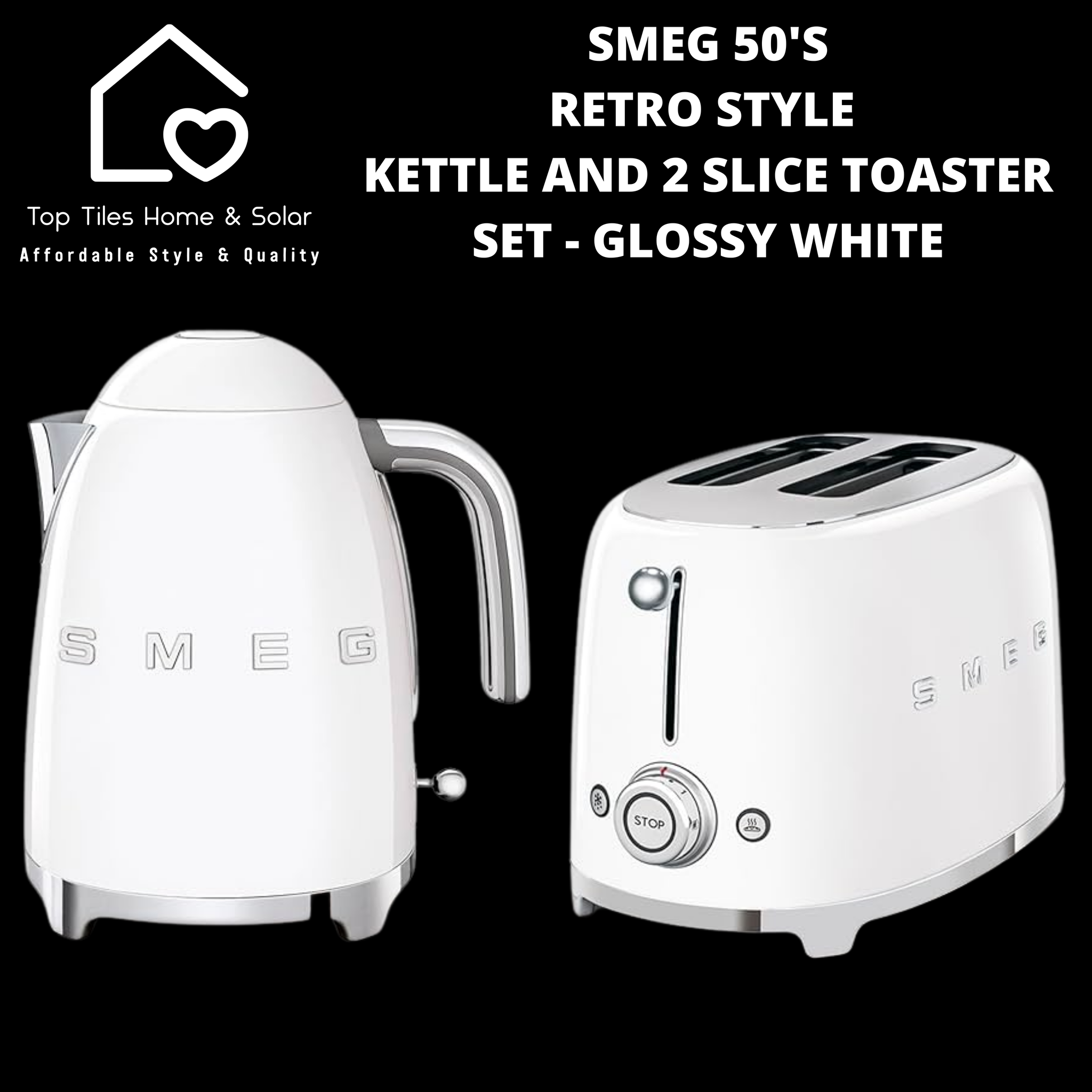 Smeg 50's Retro Style Kettle and 2 Slice Toaster Set - Glossy White