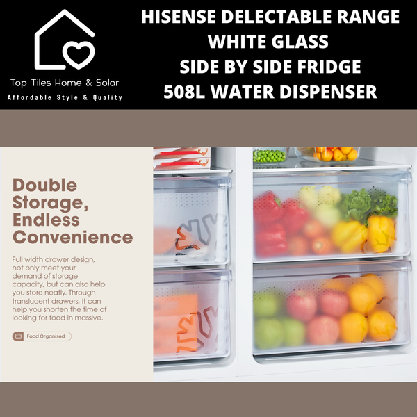 Hisense Delectable Range White Glass Side by Side Fridge - 508L Water Dispenser