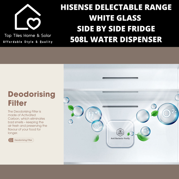 Hisense Delectable Range White Glass Side by Side Fridge - 508L Water Dispenser