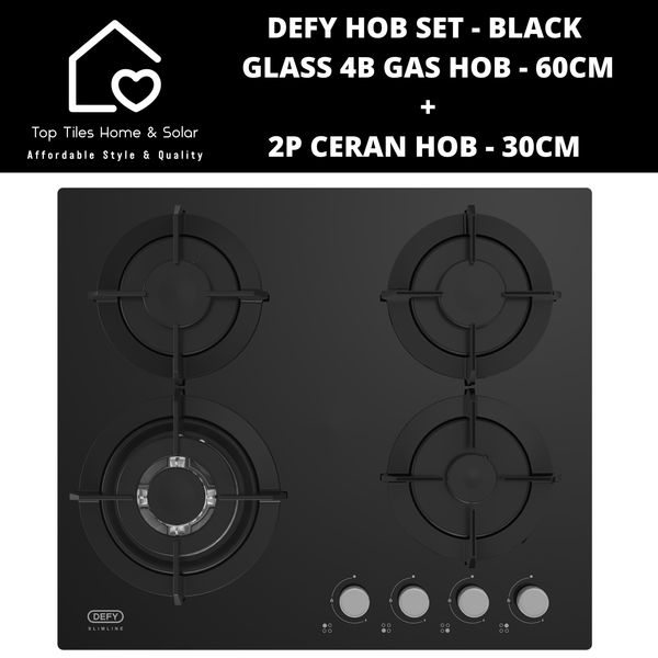 Defy Hob Set - Black Glass 4B Gas Hob - 60cm + 2P Ceran - 30cm