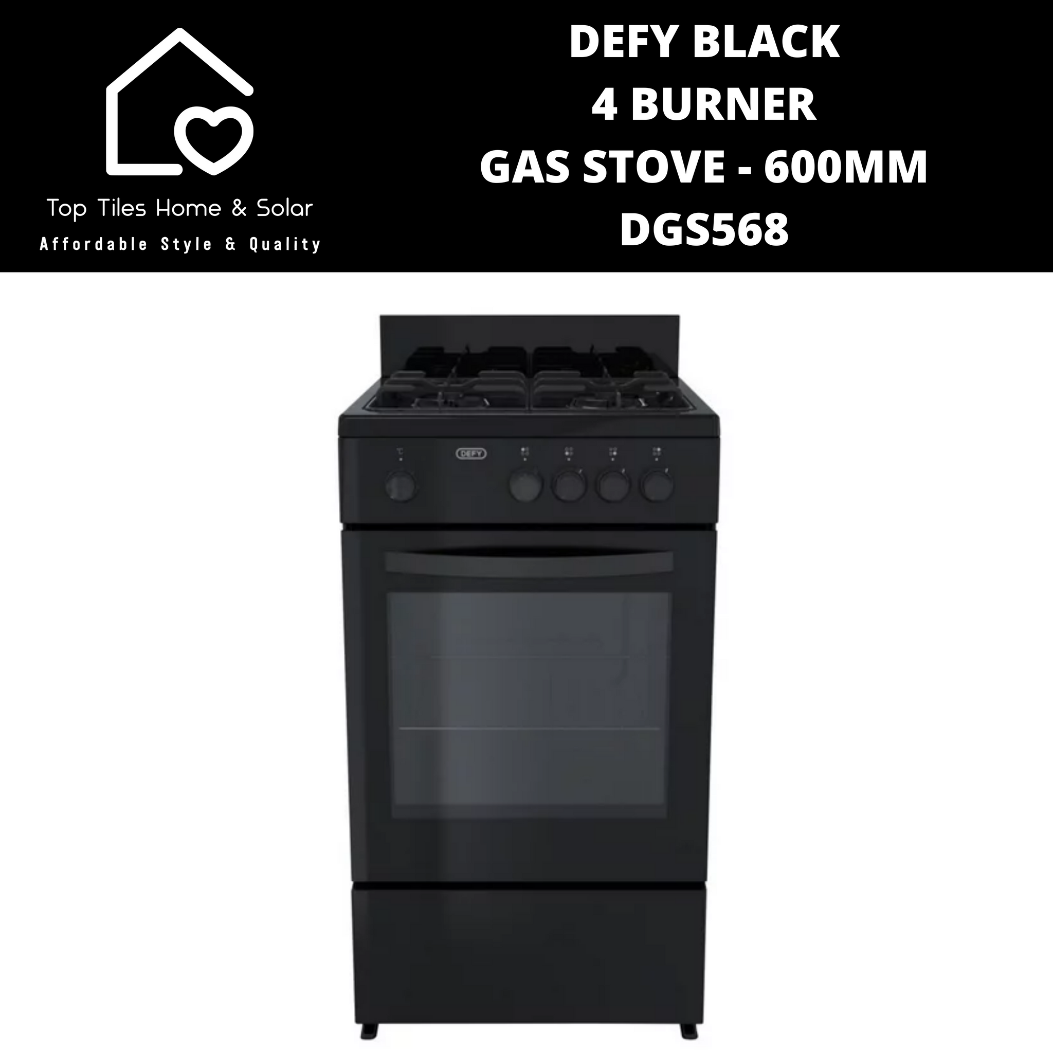 Defy Black 4 Burner Gas Stove - 600mm DGS568