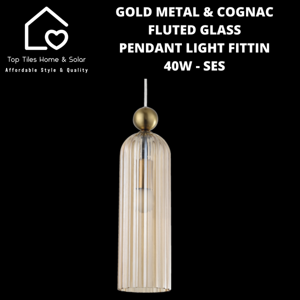 Gold Metal & Cognac Fluted Glass Pendant Light Fitting - 40 SES