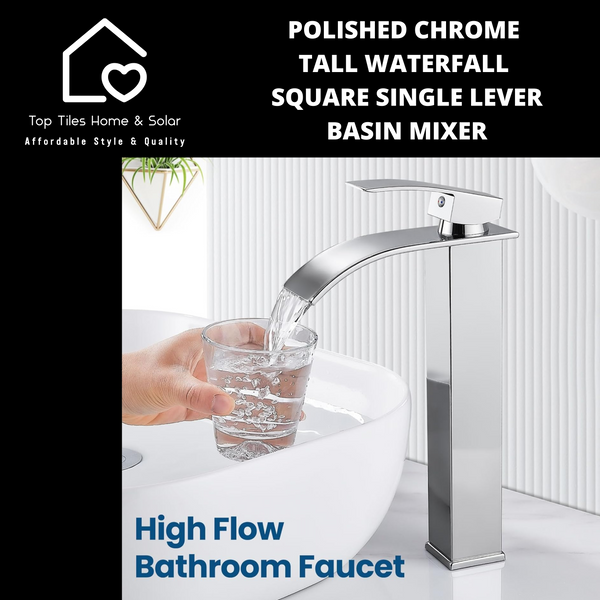 Polished Chrome Tall Waterfall Square Single Lever Basin Mixer