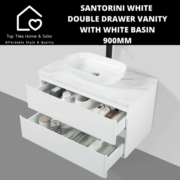 Santorini White Double Drawer Vanity With White Basin - 900mm