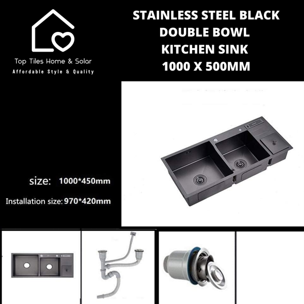 Stainless Steel Black Double Bowl Kitchen Sink - 1000 x 500mm