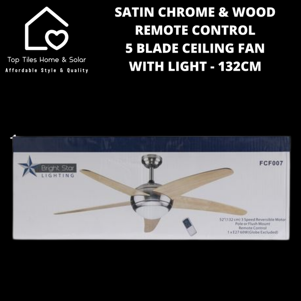 Satin Chrome & Wood Remote Control 5 Blade Ceiling Fan with Light - 132cm