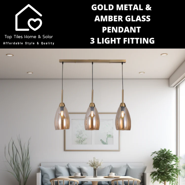 Gold Metal & Amber Glass Pendant 3Light Fitting