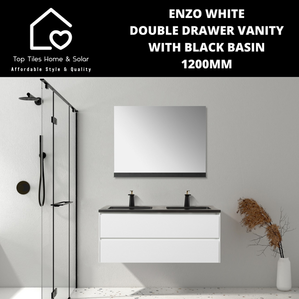 Enzo White Double Drawer Vanity With Black Basin - 1200mm