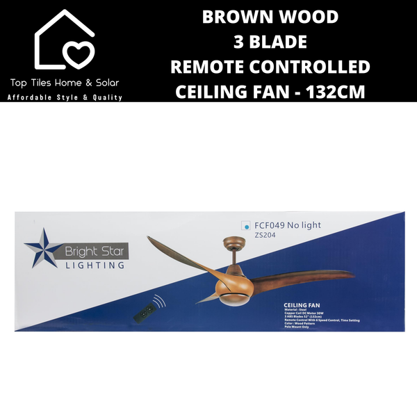 Brown Wood 3 Blade Remote Controlled Ceiling Fan - 132cm