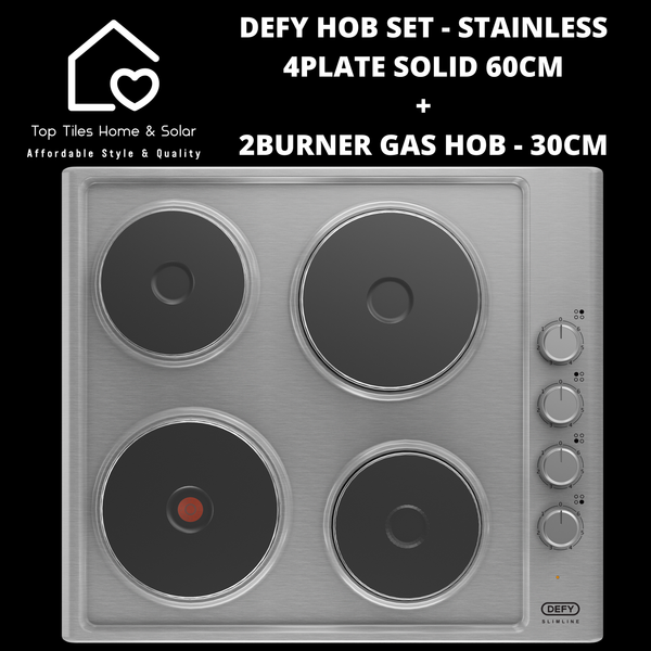 Defy Hob Set - Stainless Steel 4Plate Solid 60cm + 2Burner Gas Hob - 30cm