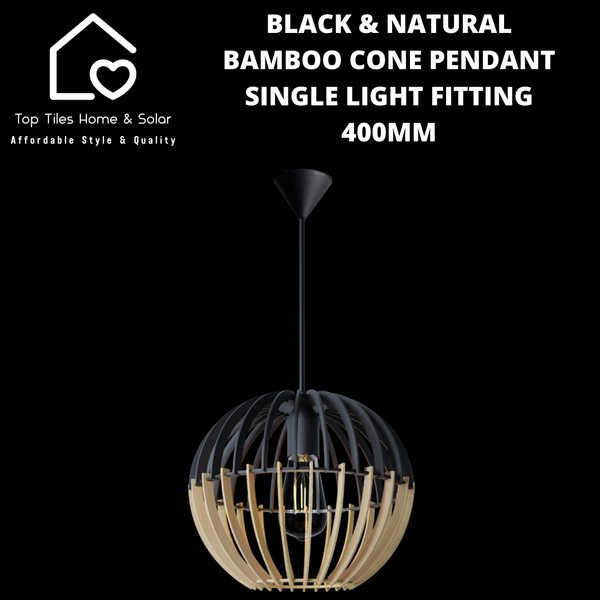 Black & Natural Bamboo Round Pendant Single Light Fitting - 300mm