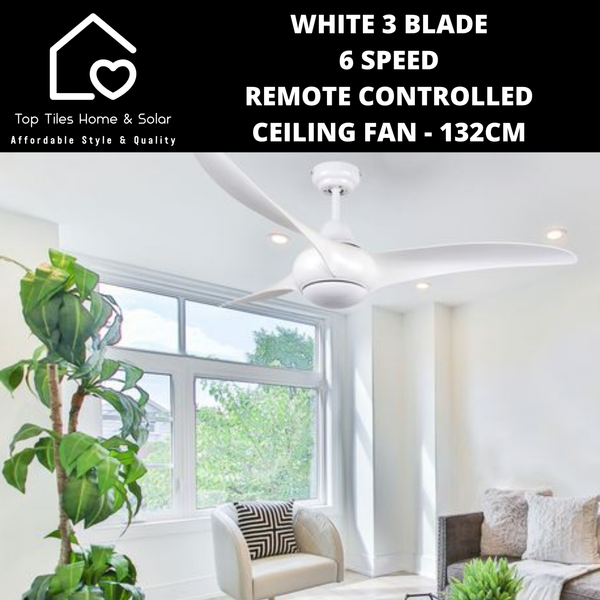 White 3 Blade 6 Speed Remote Controlled Ceiling Fan - 132cm