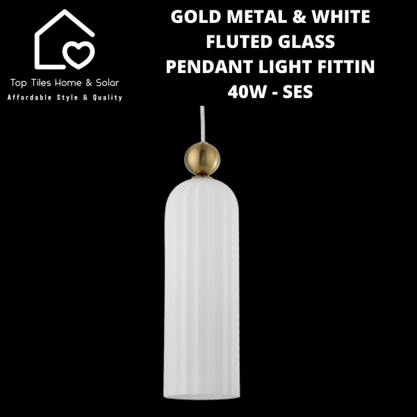 Gold Metal & White Fluted Glass Pendant Light Fitting - 40 SES