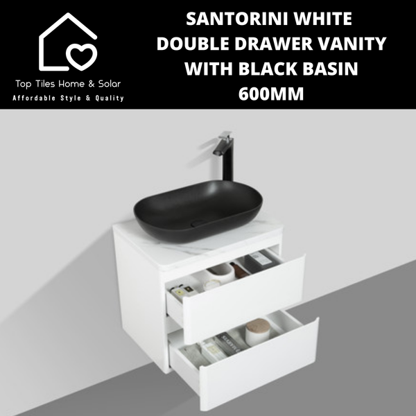 Santorini White Double Drawer Vanity With Black Basin - 600mm